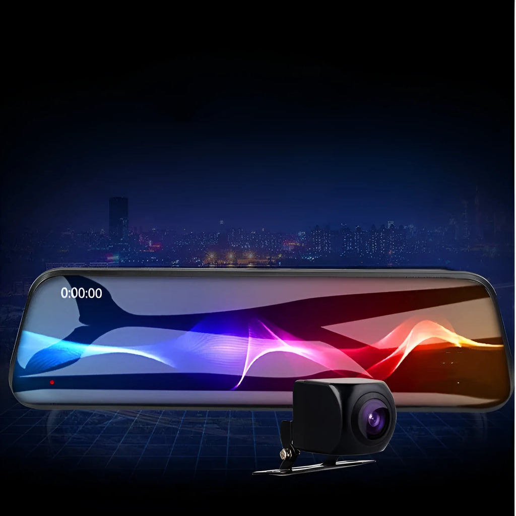 10-inch full screen car dash cam with front and rear cameras on a car dashboard