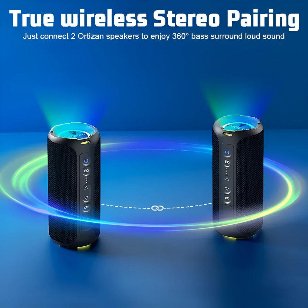 Black and blue fabric portable Bluetooth speaker with LED lights, 40W power.
