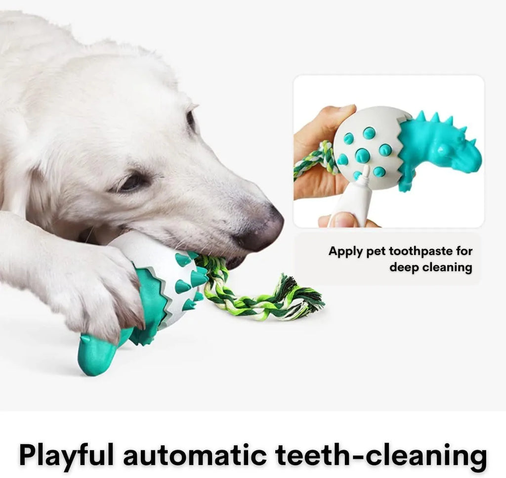 Blue durable dog chew toy shaped like a dinosaur with textured surface and rope, for aggressive chewers.
