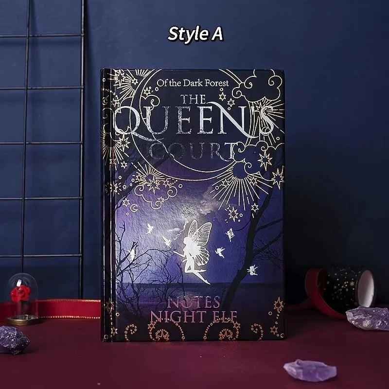 Blue and purple A5 hardcover notebooks with luminous fluorescent covers, open to show full-colour illustrated pages.