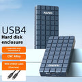 Silver aluminium USB4 hard disk enclosure for M.2 SSDs, measuring 118mm long, next to its packaging box.