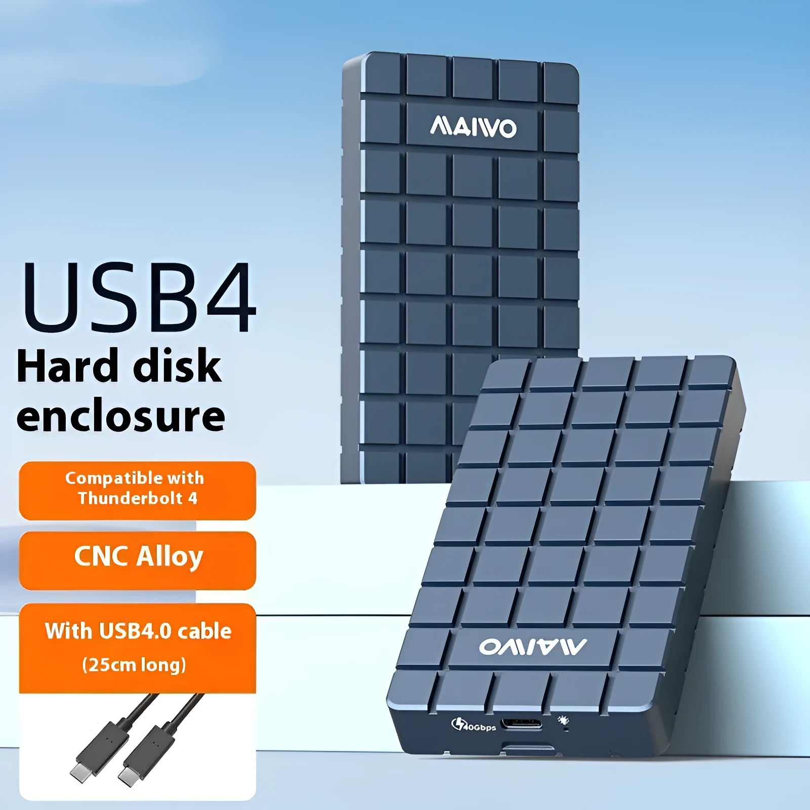 Silver aluminium USB4 hard disk enclosure for M.2 SSDs, measuring 118mm long, next to its packaging box.