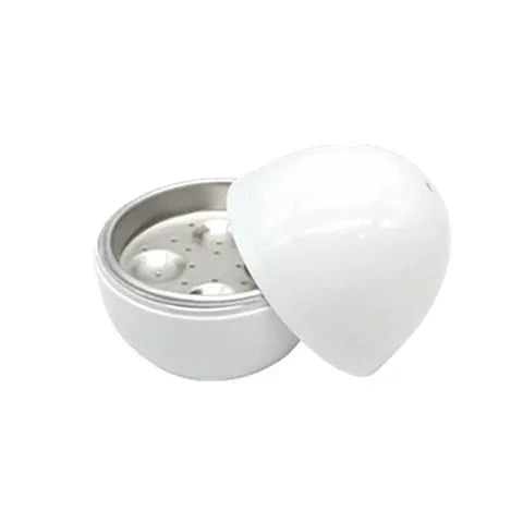 White egg-shaped microwave cooker for boiling up to four eggs, showing vent hole and knob.