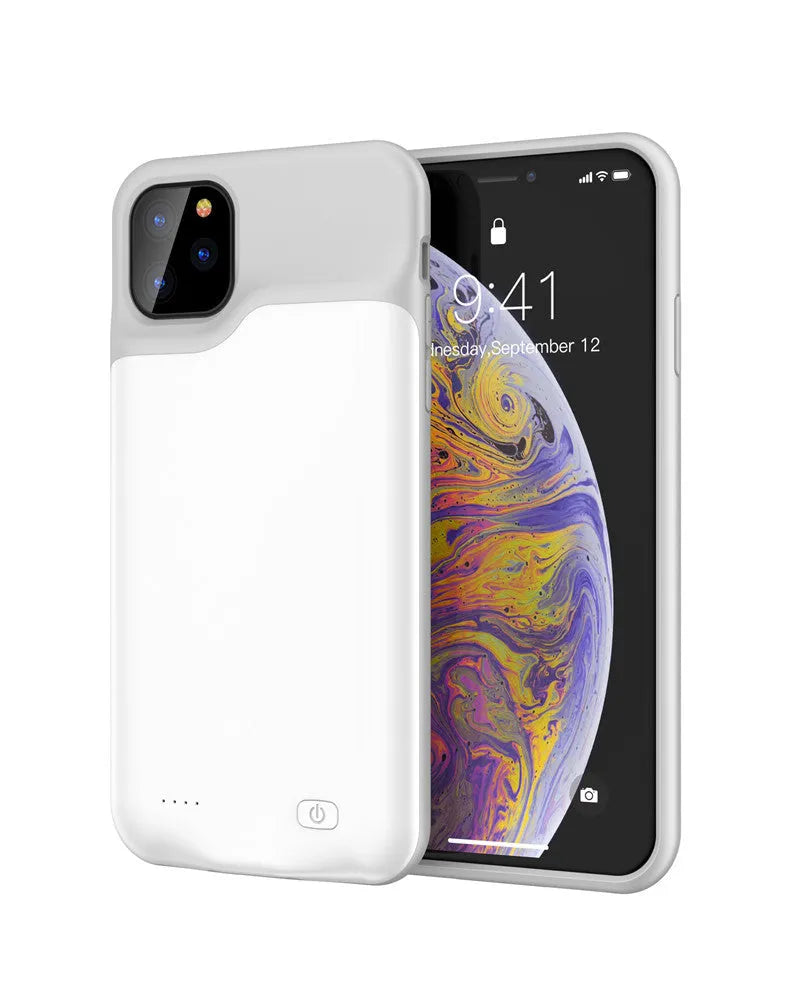 Black silicone iPhone battery charger case showing Lightning port and soft shell construction