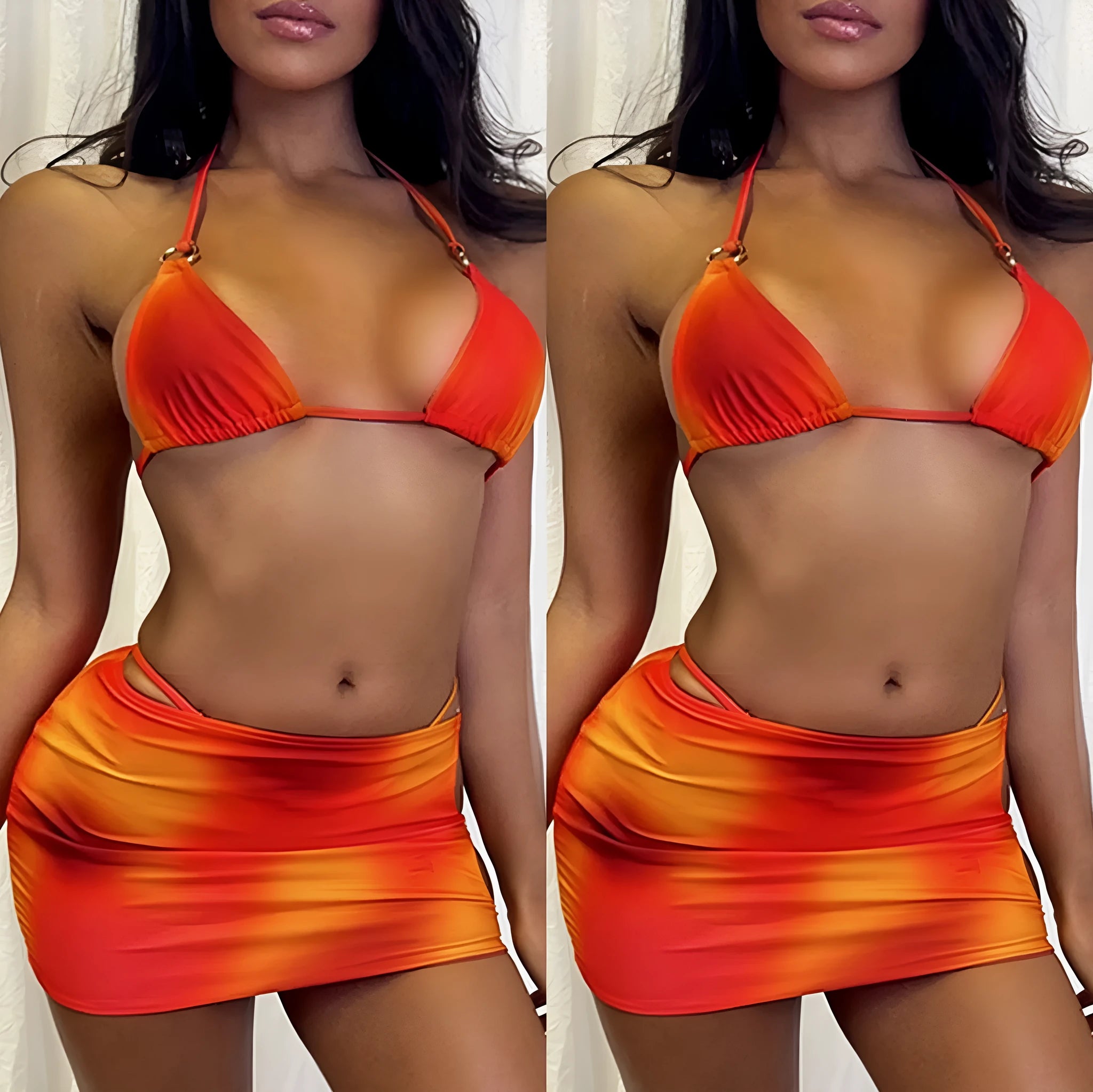 Tie-dye pattern halterneck bikini three-piece set with matching skirt on a mannequin.