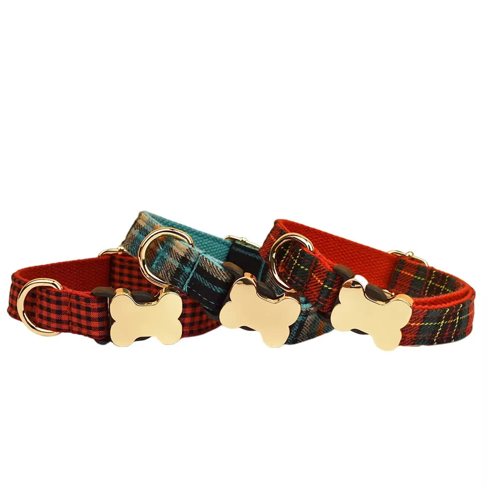 Flat nylon dog collar with printed grid pattern and bone-shaped buckle in multiple colour options.