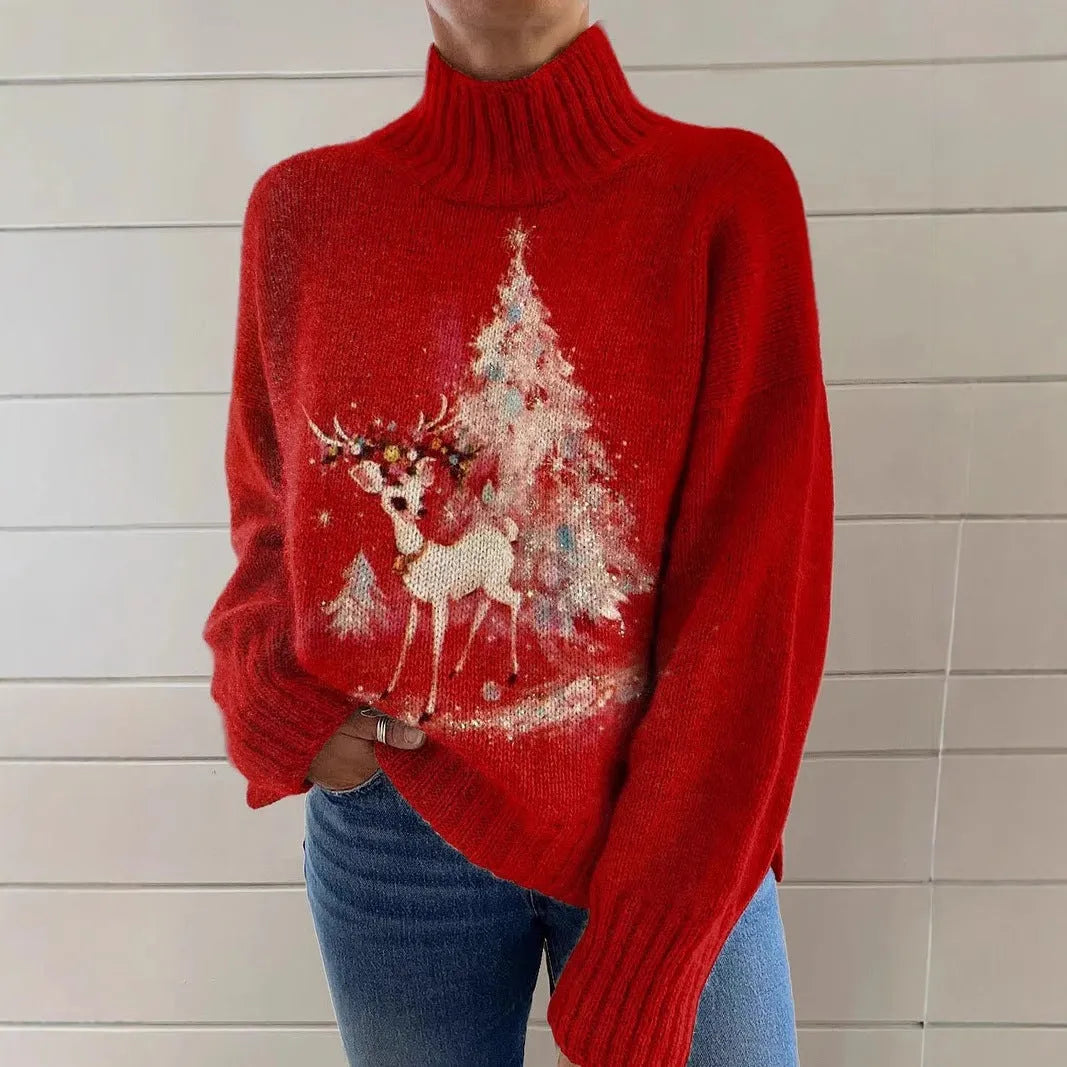 Women's loose-fit Christmas printed turtleneck sweater in macaron colours
