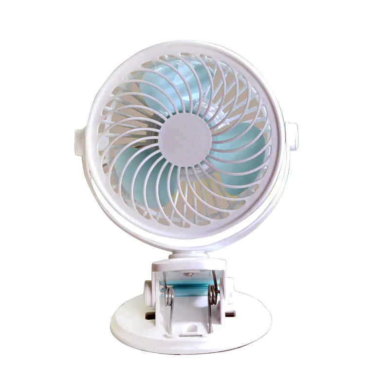 Mini USB desk fan shown in clip-on and floor-standing styles on a wooden desk.