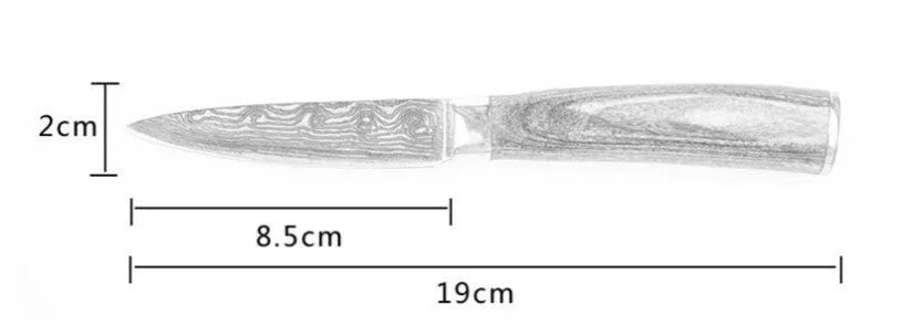 7Cr17 stainless steel kitchen knife with coloured wood handle and Damascus pattern blade on a black gift box.