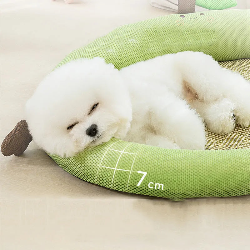 Green fruit backrest pet cooling mat in nest design for large dogs on wooden floor