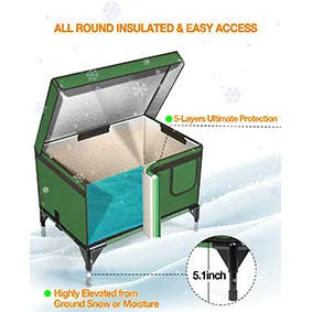 Green foldable cloth cat cage showing insulated outdoor shelter design with pet bed functionality