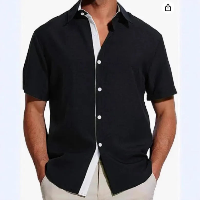 Men's grey floral print short-sleeved shirt laid flat, showing regular fit and cardigan style.