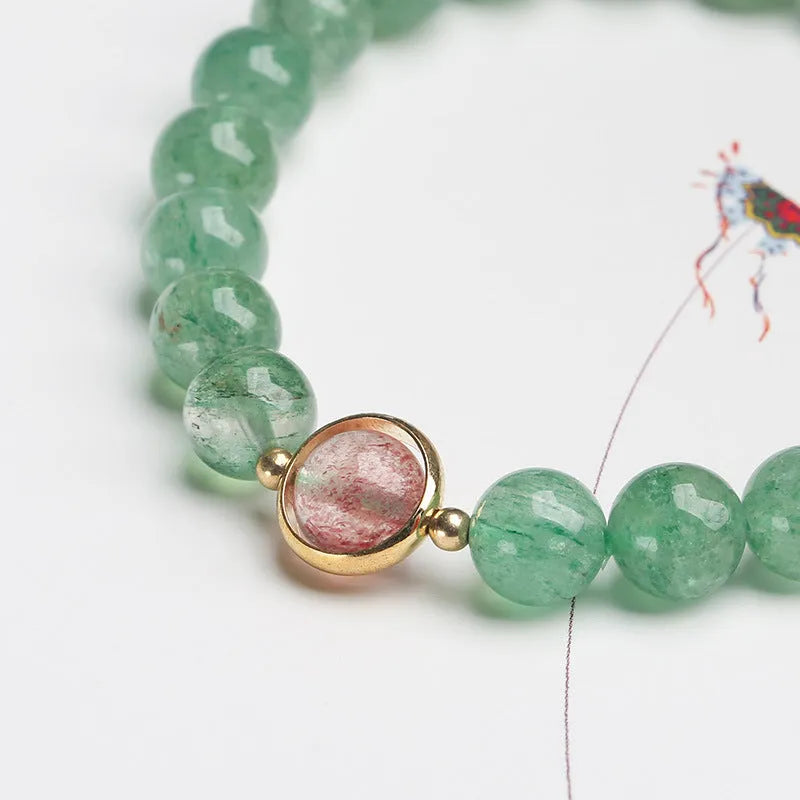 Green strawberry quartz hand-woven bracelet with 7.5mm stones and geometric Chinese patterns