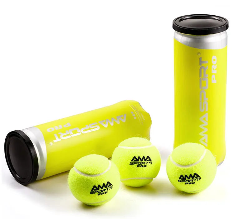 Three high elasticity tennis training balls in black, green and yellow colours for sports coaching