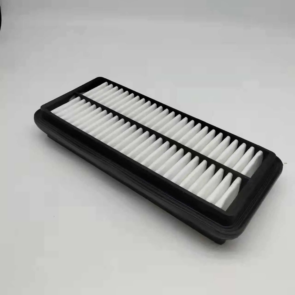 Black rectangular car panel air filter with dimensions 256mm by 113mm by 40mm