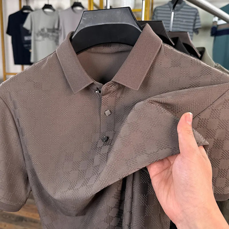 Rhombus thin ice silk short sleeve t-shirt in black on a hanger, showing slit hem detail.