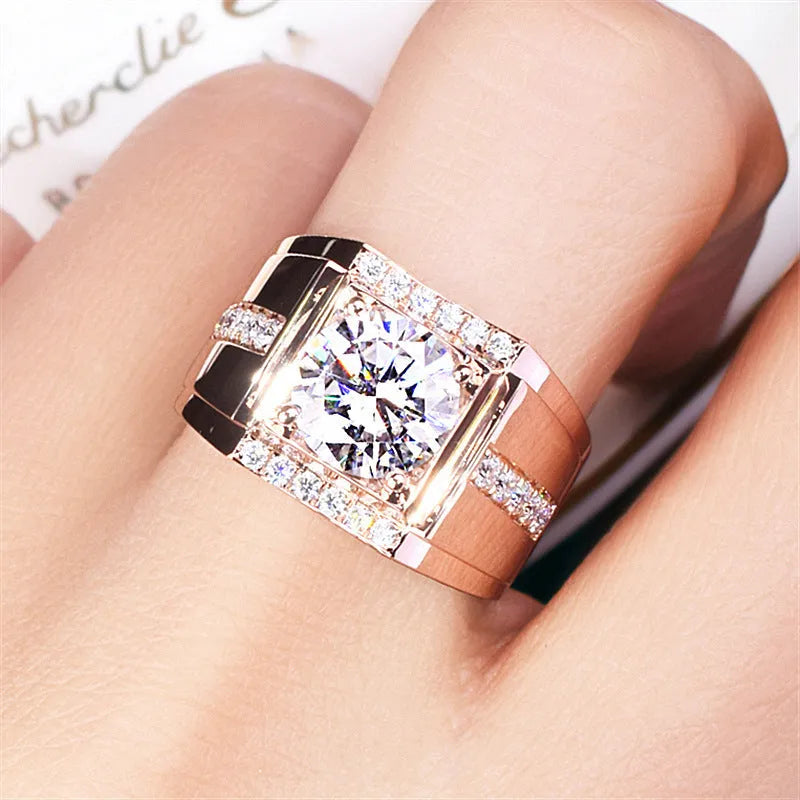 Men's adjustable geometric diamond ring in rose gold finish on a hand.