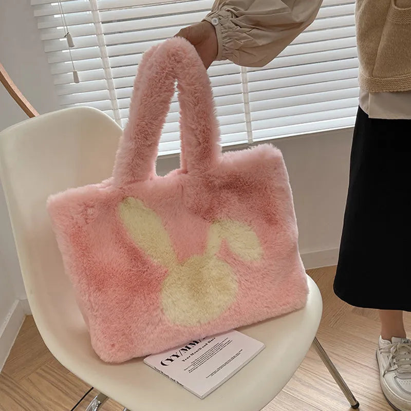 Women's plush rabbit ears tote bag with large shopping capacity in solid colour