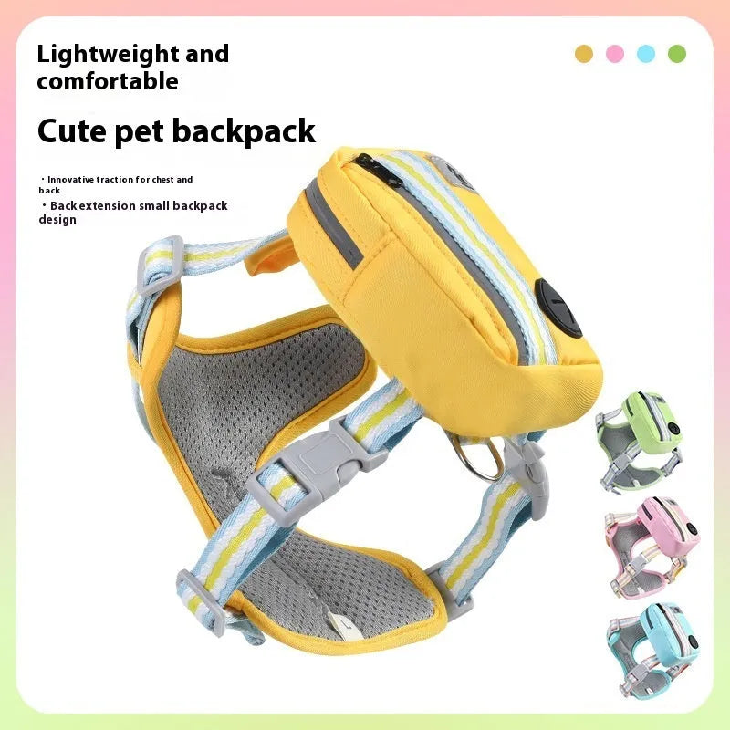 Explosion-proof anti-strangulation pet chest harness and rope in green, blue, pink, or yellow.