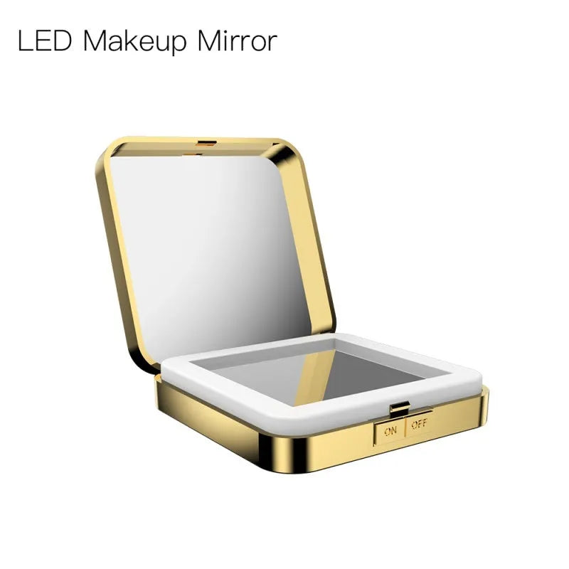 Black and white makeup mirror with dual reflection surfaces and adjustable lighting controls