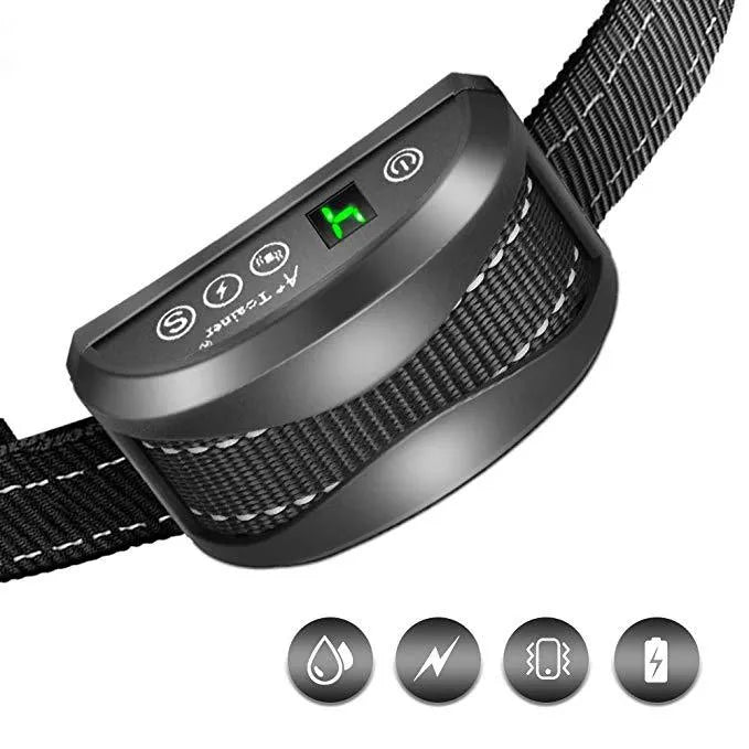 Black digital display anti-bark training collar for dogs with adjustable reflective strap.