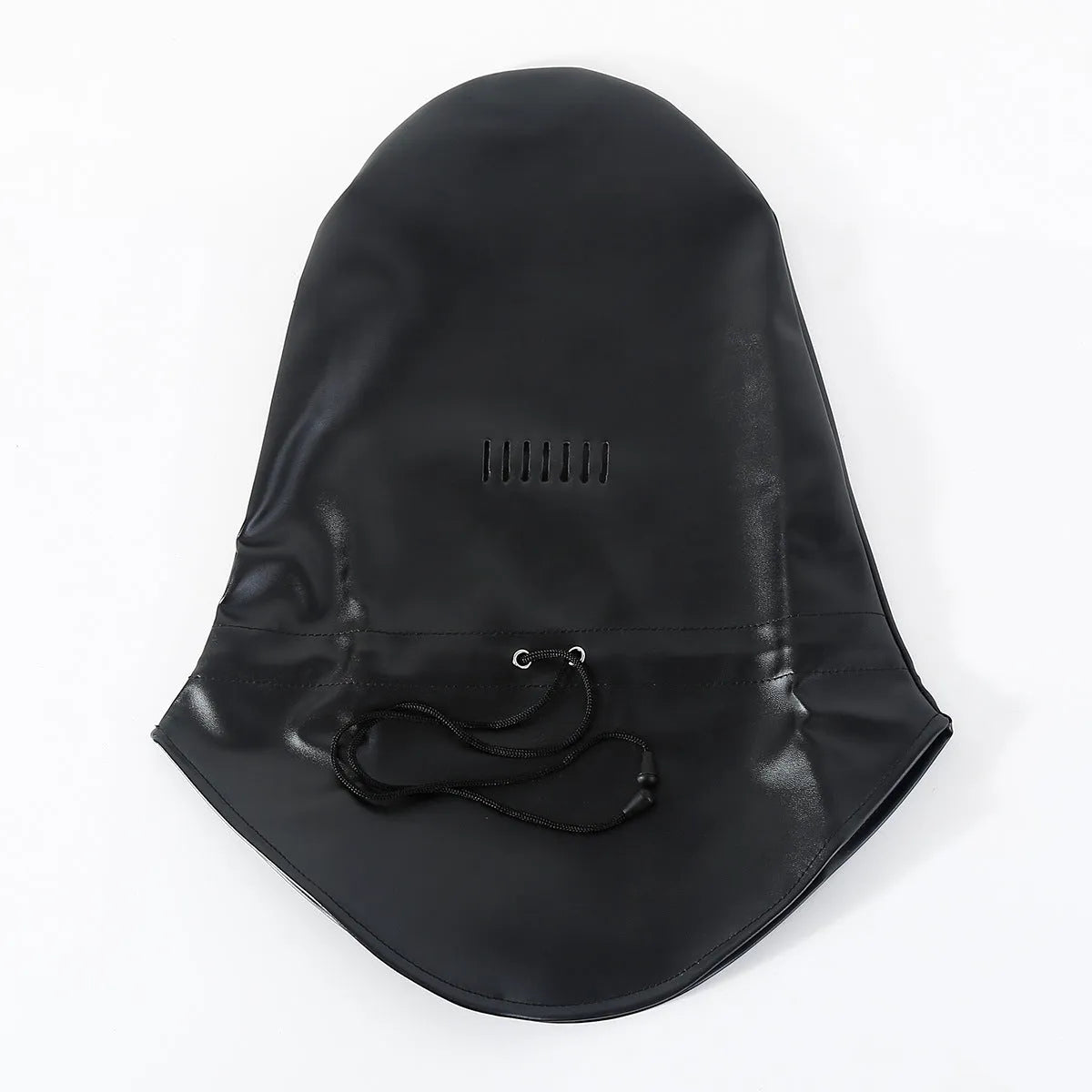 Black leather BDSM face mask with an open mouth and an adjustable buckle strap.