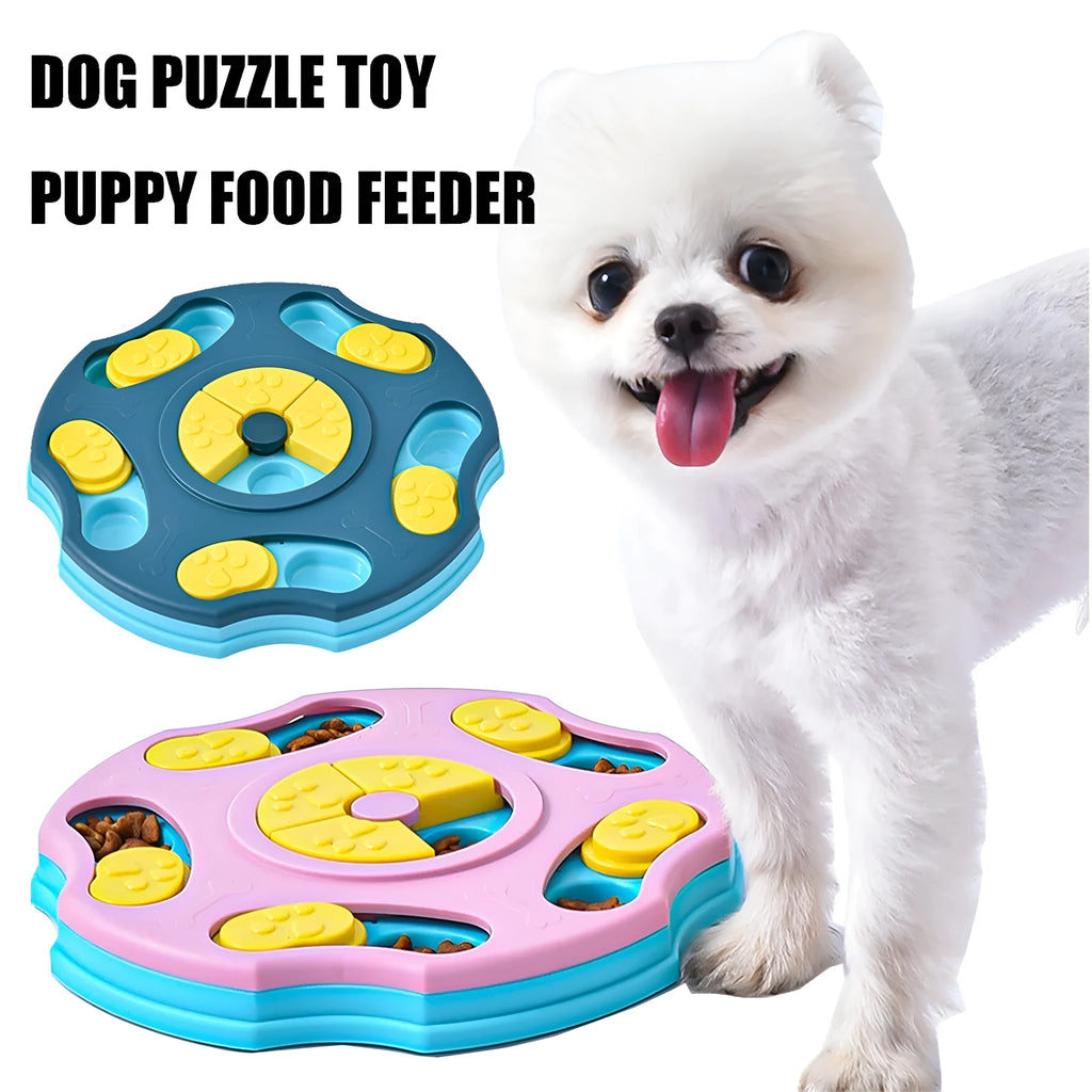 Blue plastic dog puzzle feeder toy with interactive food searching compartments for aggressive chewers