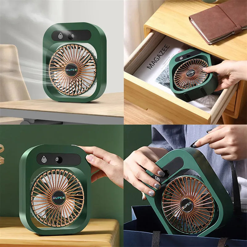 Green and white USB portable misting fan air cooler humidifier on a desk