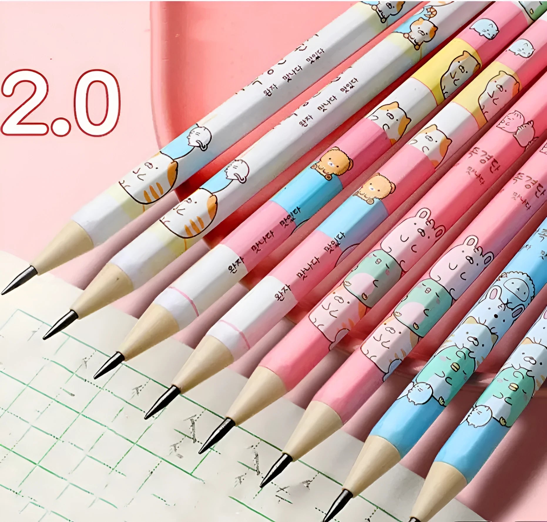 Children's cartoon-themed mechanical pencil with 2.0mm thick lead and plastic construction