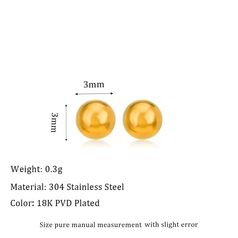 Stainless steel minimalist ball stud earrings with a round geometric shape, shown in various sizes.