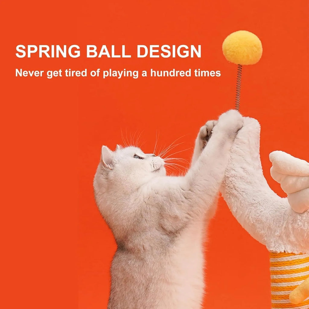 Sisal vertical cat scratching post with U-shaped design and spring ball feature
