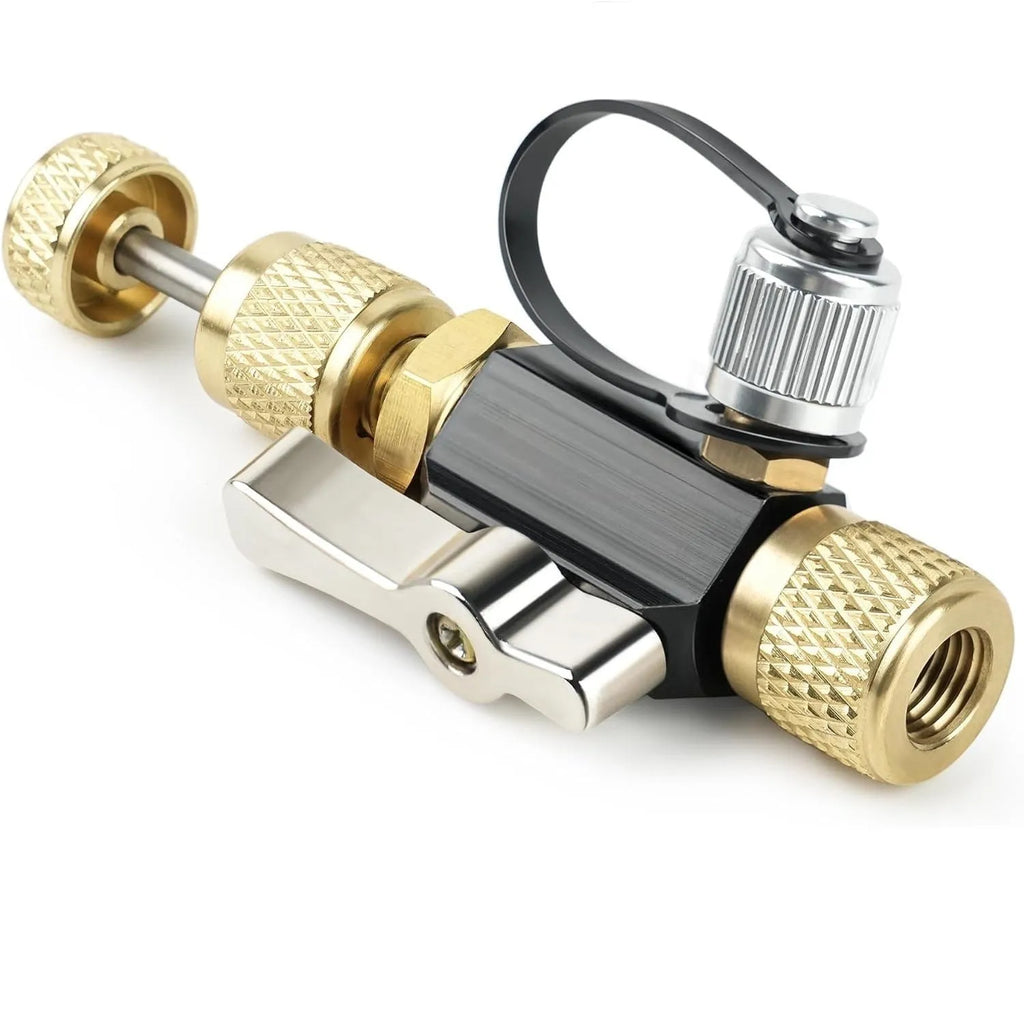 Vacuum valve core disassembly tool set with black and pink metal valve removers in different thread sizes