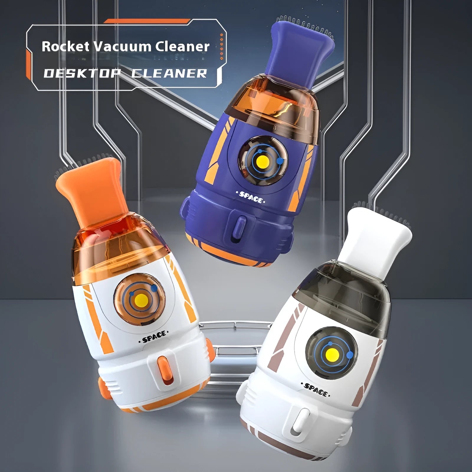 USB handheld desktop vacuum cleaner in blue rocket design on a wooden desk.