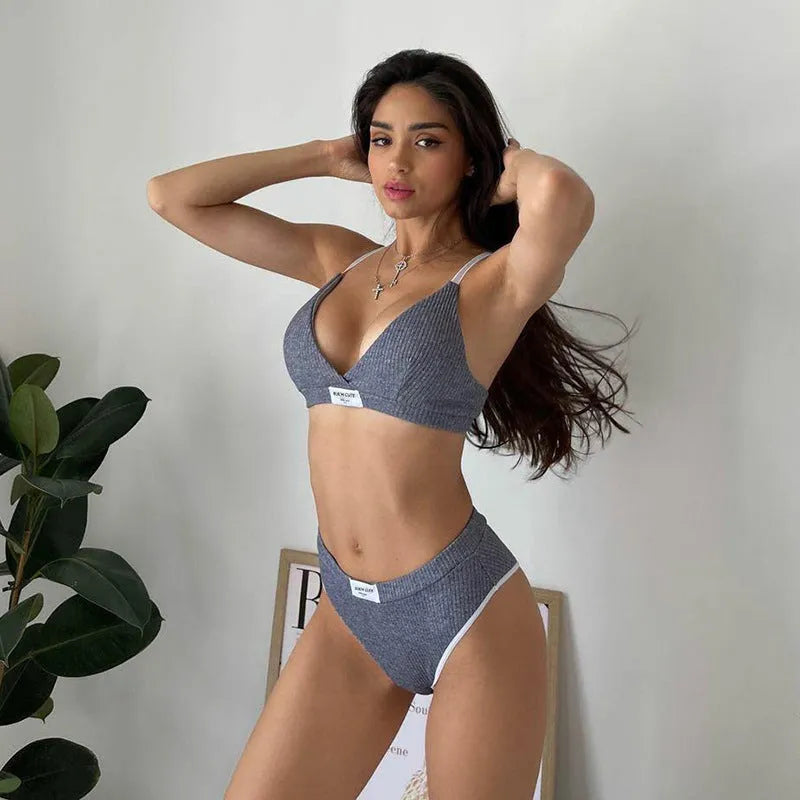 Women's grey bikini set with contrast colour binding letters embroidery, sleeveless design with shorts