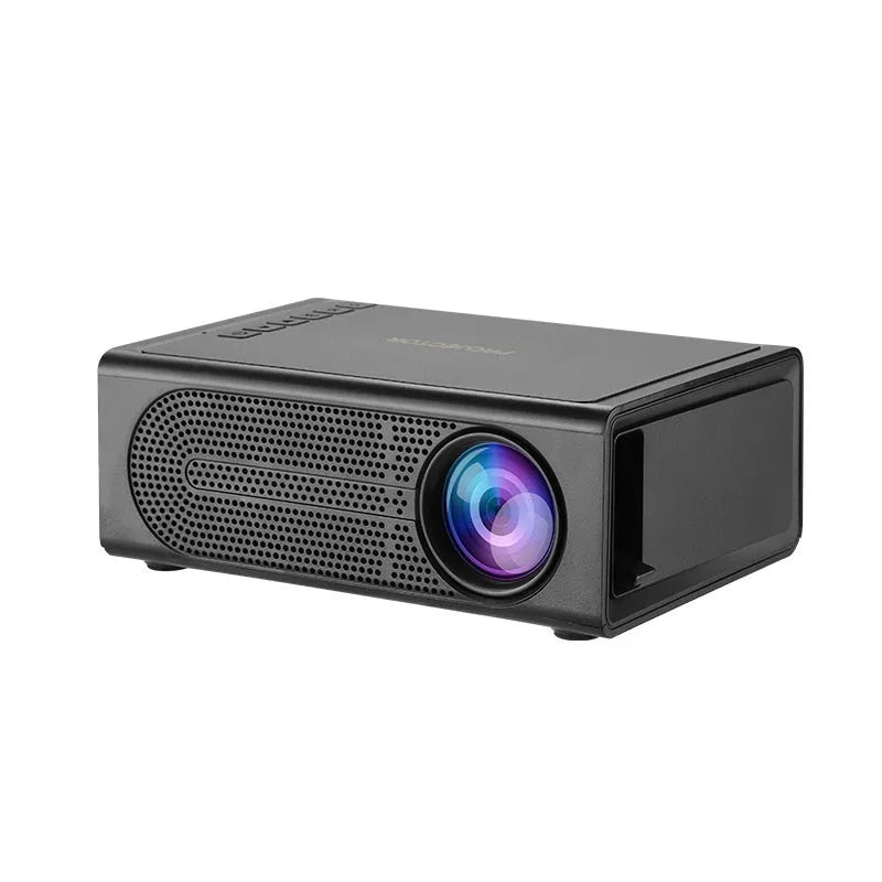 Portable mini projector in black or white colour with wired smartphone connection for screen mirroring