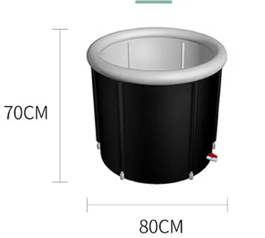 Black inflatable portable ice bath tub with weather lid and accessories for cold water therapy