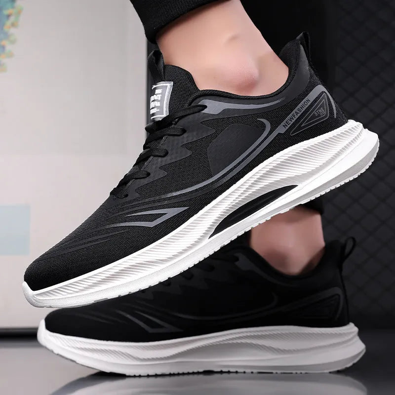 Men's black fly-woven mesh casual sneakers with a low-top design and rubber sole.