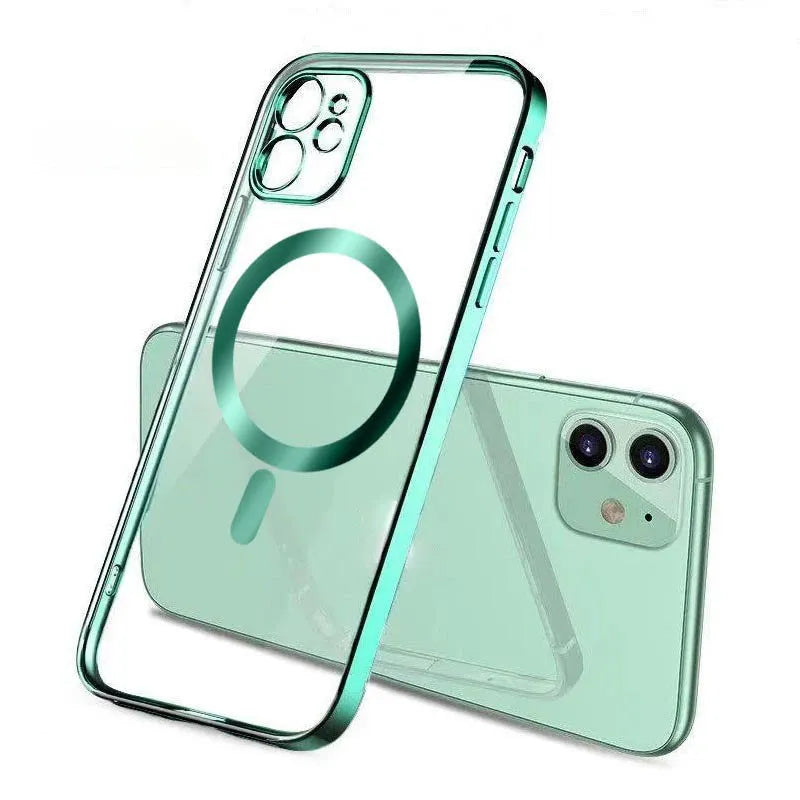 Electroplated magnetic suction mobile phone case for iPhone in silver, blue, black, gold and purple colours.