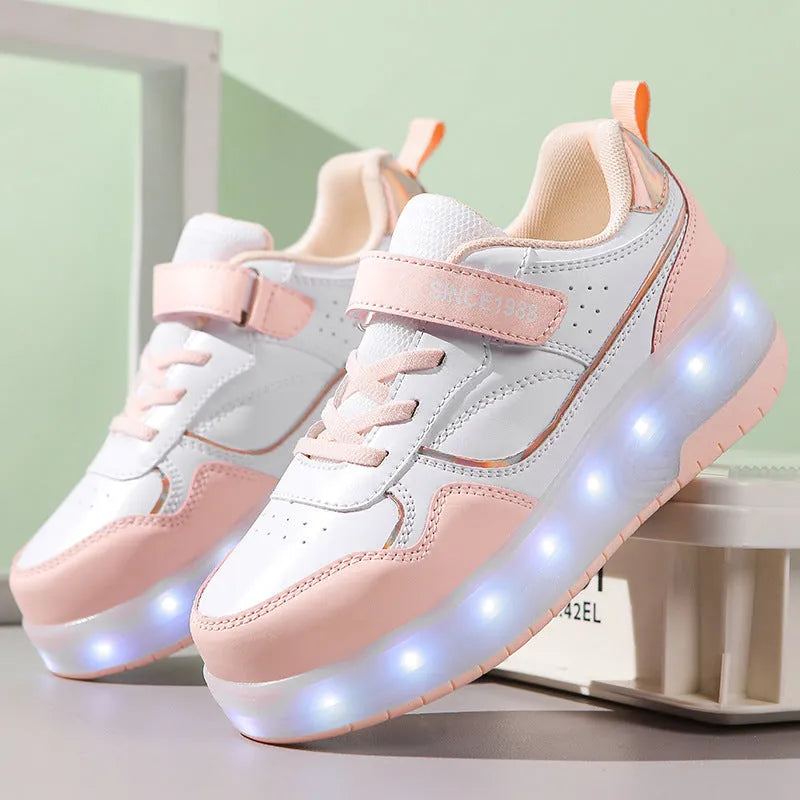 Charging flash roller skates with LED lights in pink, white, black, and purple colours