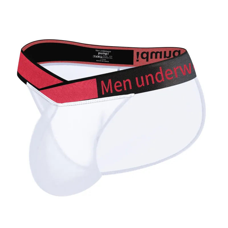 Men's red ice silk nylon briefs with a large V gradient high-fork cut on a white background.