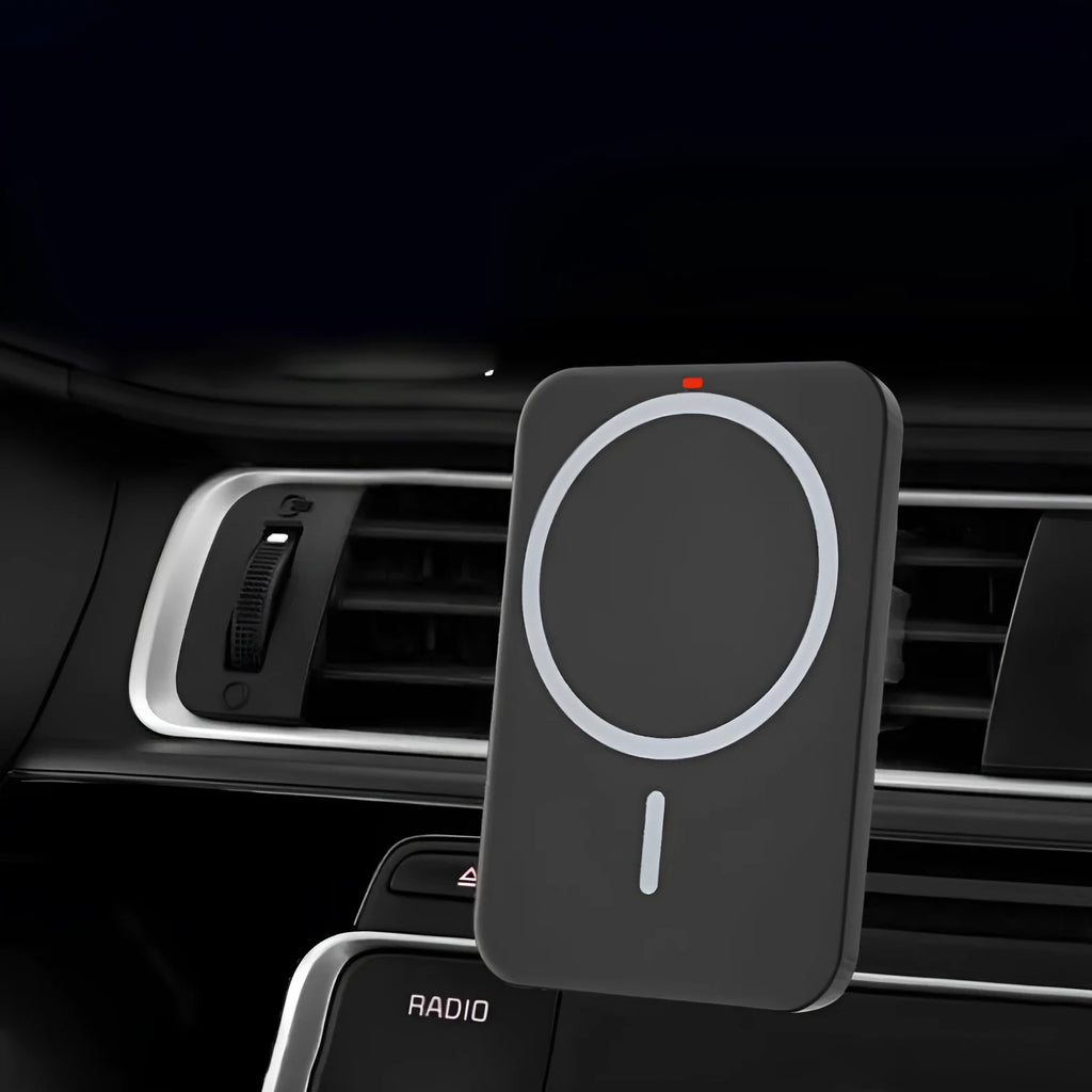 Black car magnetic wireless phone charger and air vent mount bracket showing Type-C port.