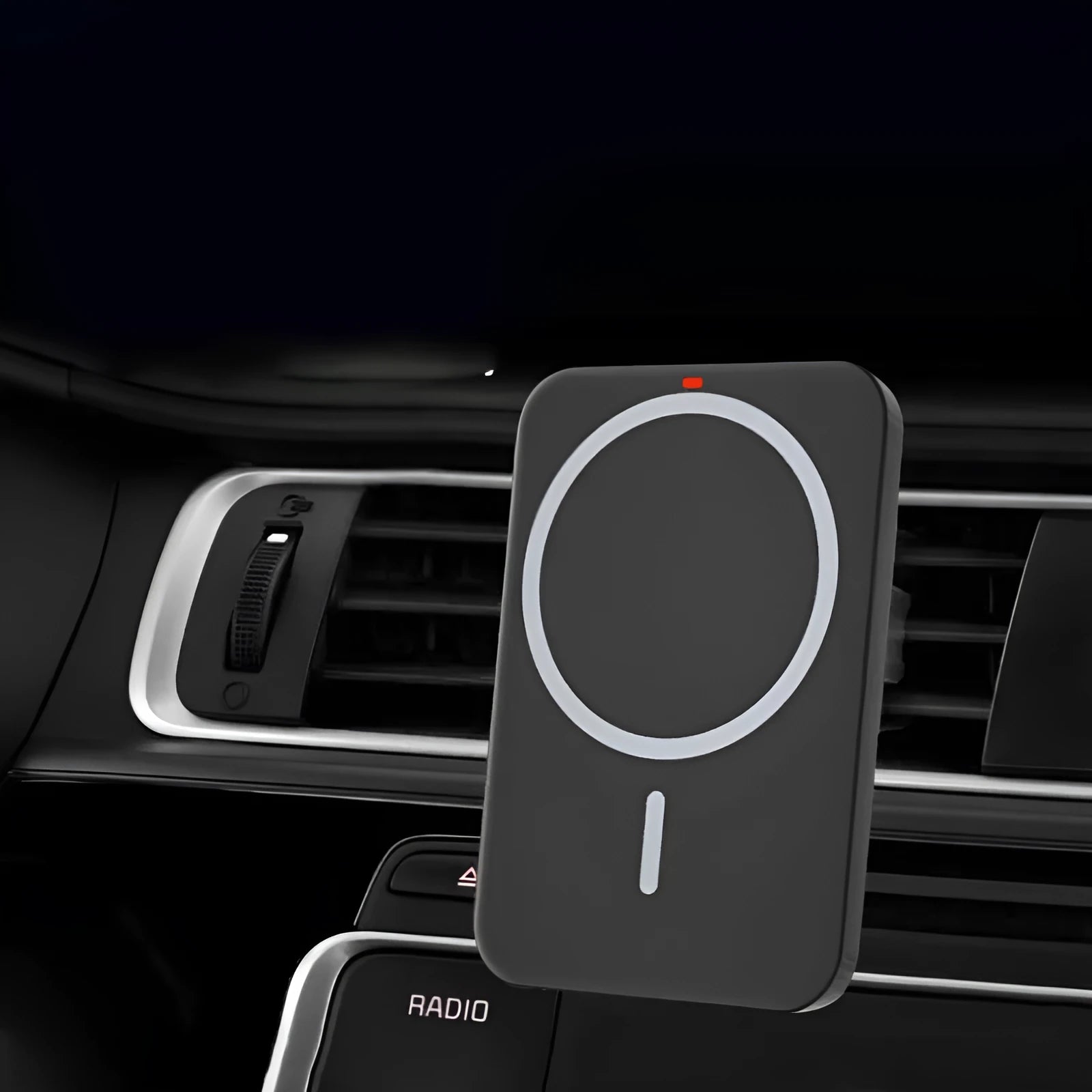 Black car magnetic wireless phone charger and air vent mount bracket showing Type-C port.