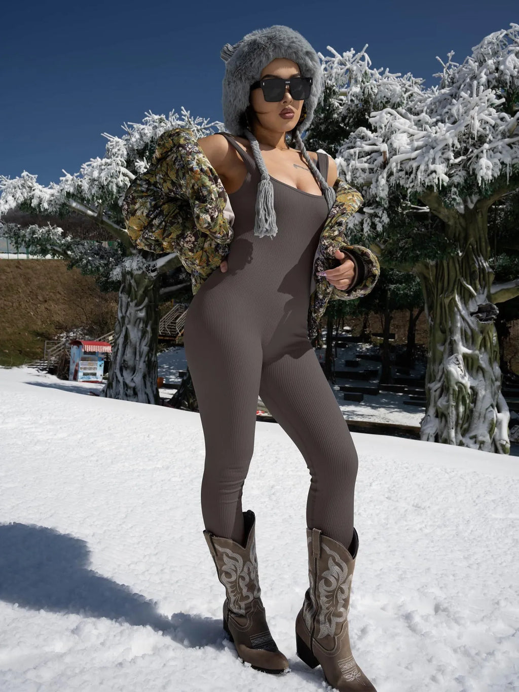 Women's spandex suspender tank top tights with long sleeves and button detailing