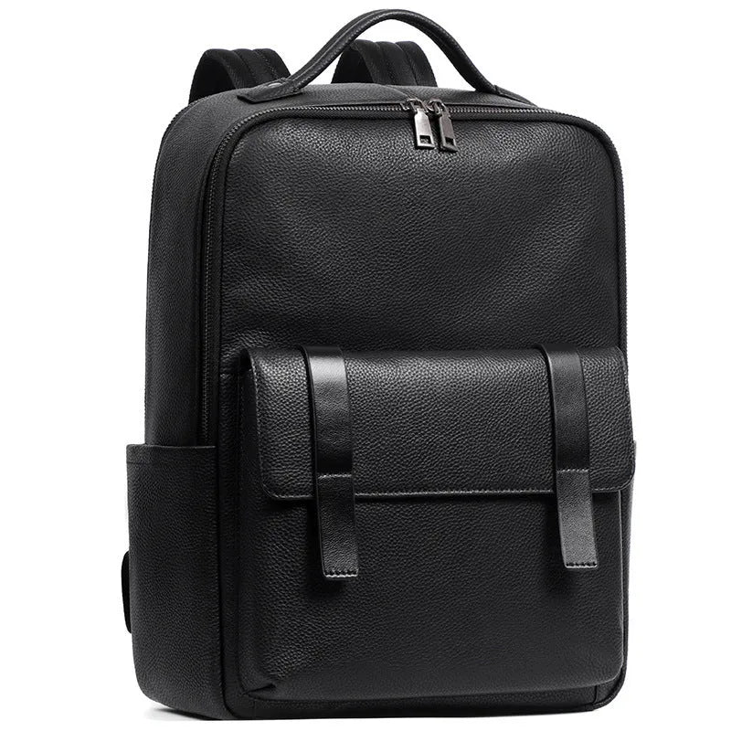 Black genuine leather men's laptop backpack with woven details and adjustable straps.