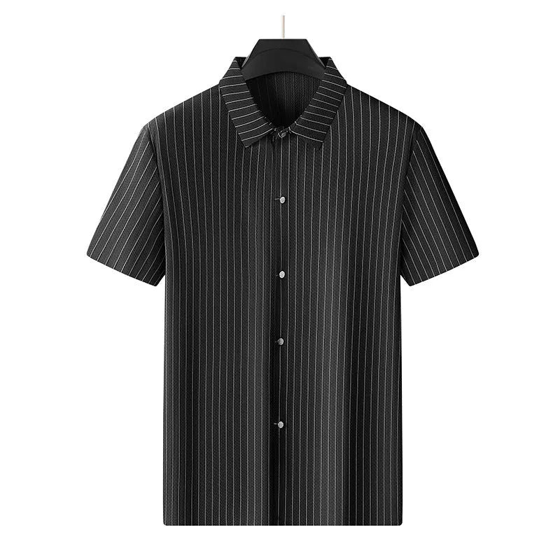 Men's black plus size loose-fit casual shirt with square collar and stripes