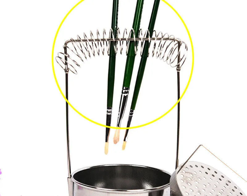 Silver stainless steel oil painting pen washer tank with a spring clip for holding brushes.
