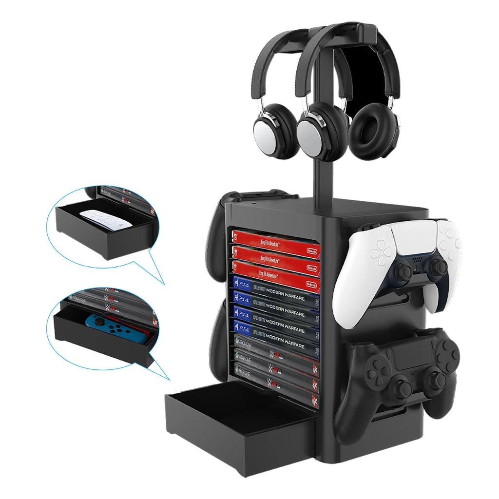 Black game controller storage rack with accessory hooks and drawer for PS5 Xbox Switch