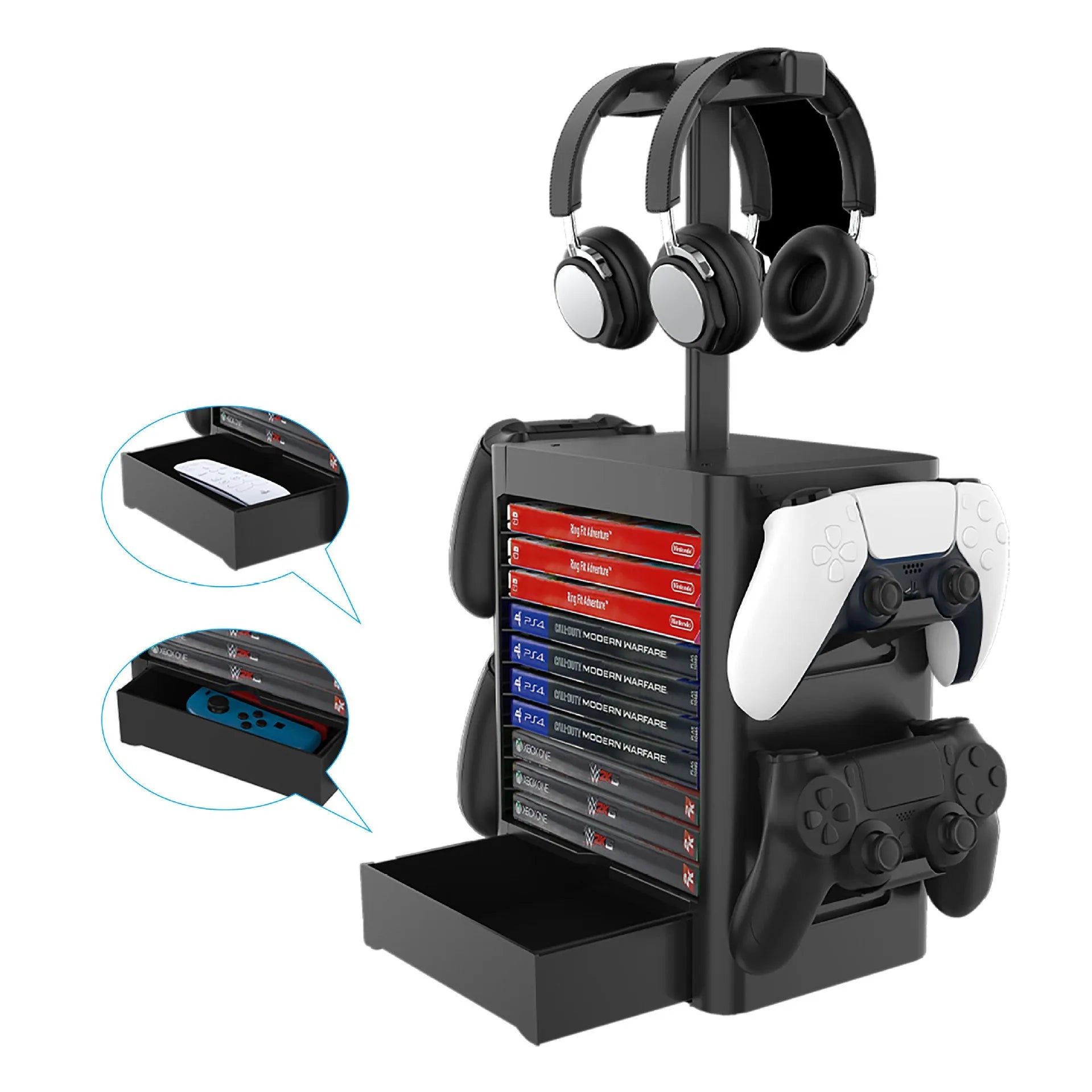 Black game controller storage rack with accessory hooks and drawer for PS5 Xbox Switch