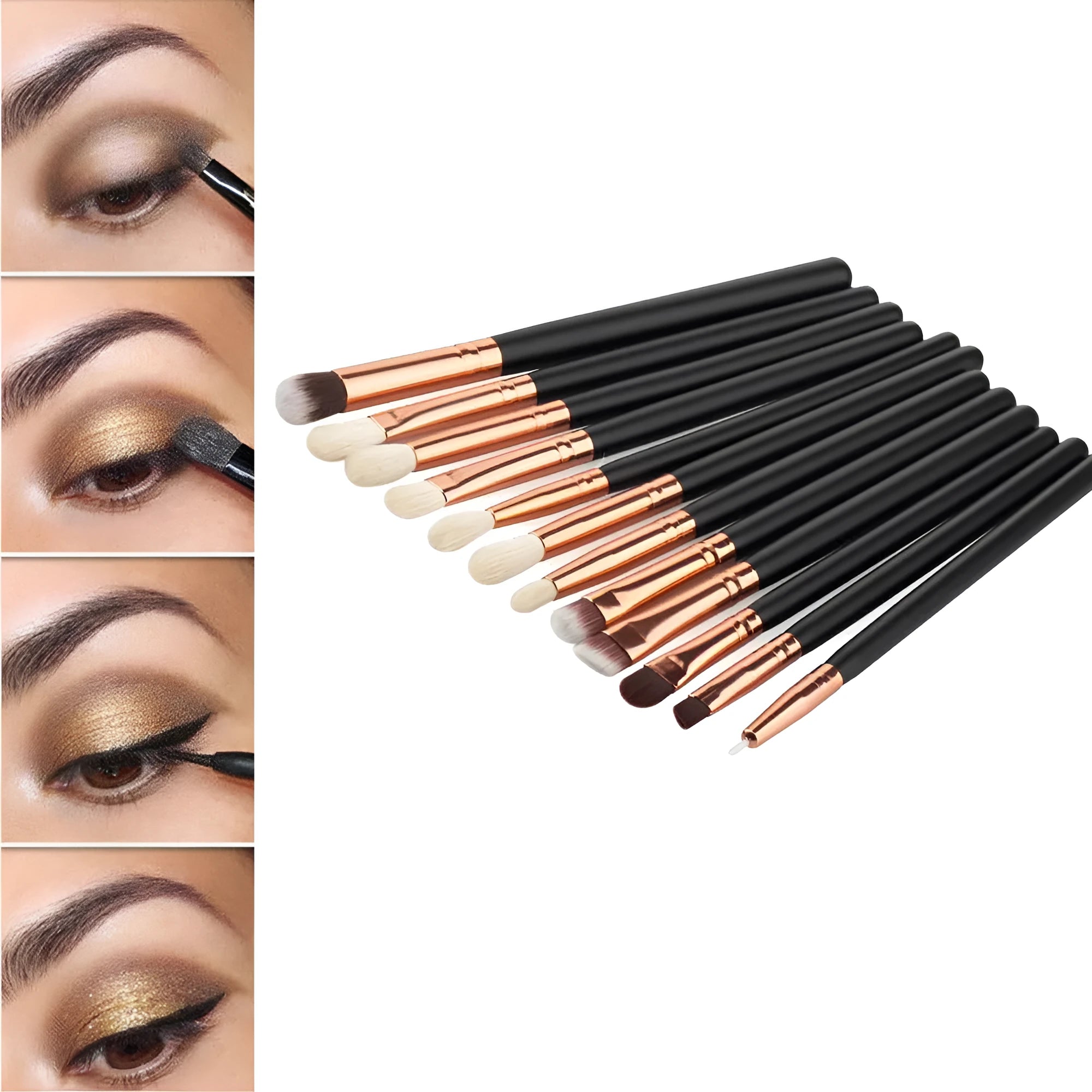 12 piece makeup brush set with wooden handles and long rod design, black and pink options, on white background