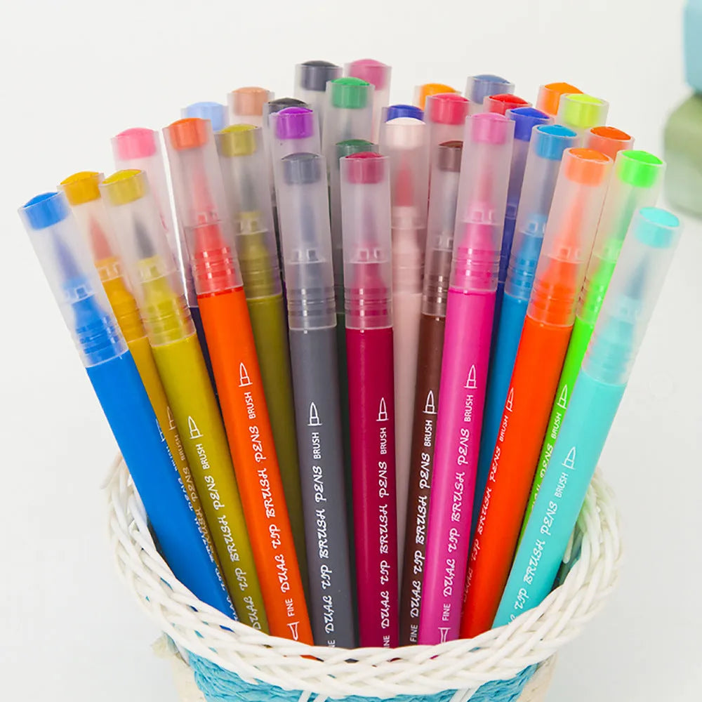 Set of 48 double-ended watercolour pens in a clear plastic PP storage box, showing the two-tip design.